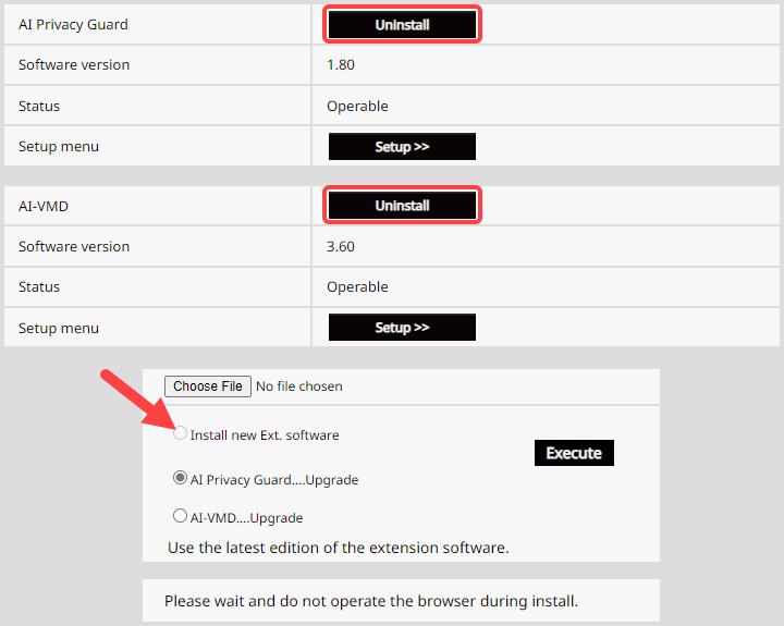 Die Seite Softwareverwaltung auf einer i-PRO-Kamera mit der maximalen Anzahl installierter Erweiterungen mit den Schaltflächen Deinstallieren für jede Erweiterung.