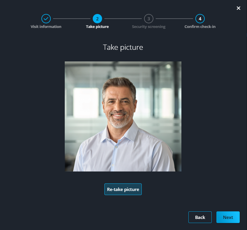 Das Dialogfeld „Spontanbesucher-Check-in“ in „Rezeption“ mit Informationen zum Aufnehmen von Fotos.
