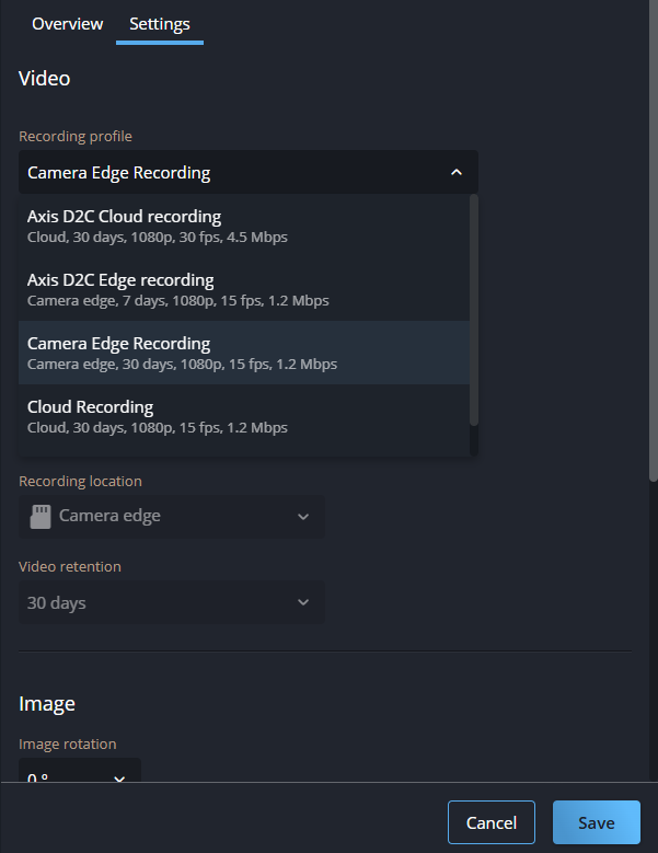 Registerkarte „Kameraeinstellungen“ im Genetec Configuration Web mit ausgewähltem Edge-Aufzeichnungsprofil.