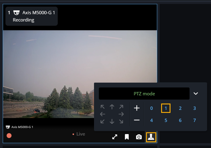 Das Dialogfeld „PTZ-Modus“ in Genetec Operations Web zeigt den PTZ-Modus und eine hervorgehobene Voreinstellung für den Schnellzugriff.