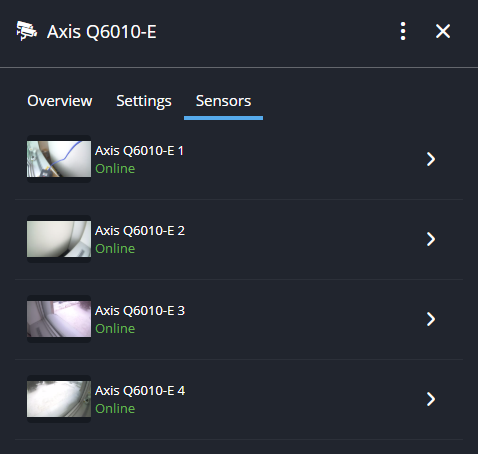 Sensoren-Registerkarte im Seitenbereich der ausgewählten Kamera in Security Center SaaS.