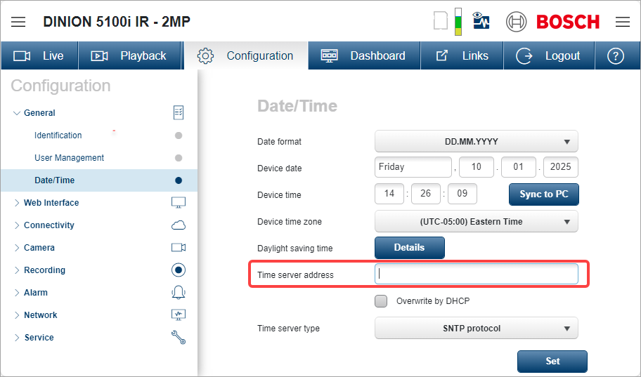 Die Seite Datum/Uhrzeit auf einer Bosch-Kamera, mit dem Feld Zeitserveradresse.