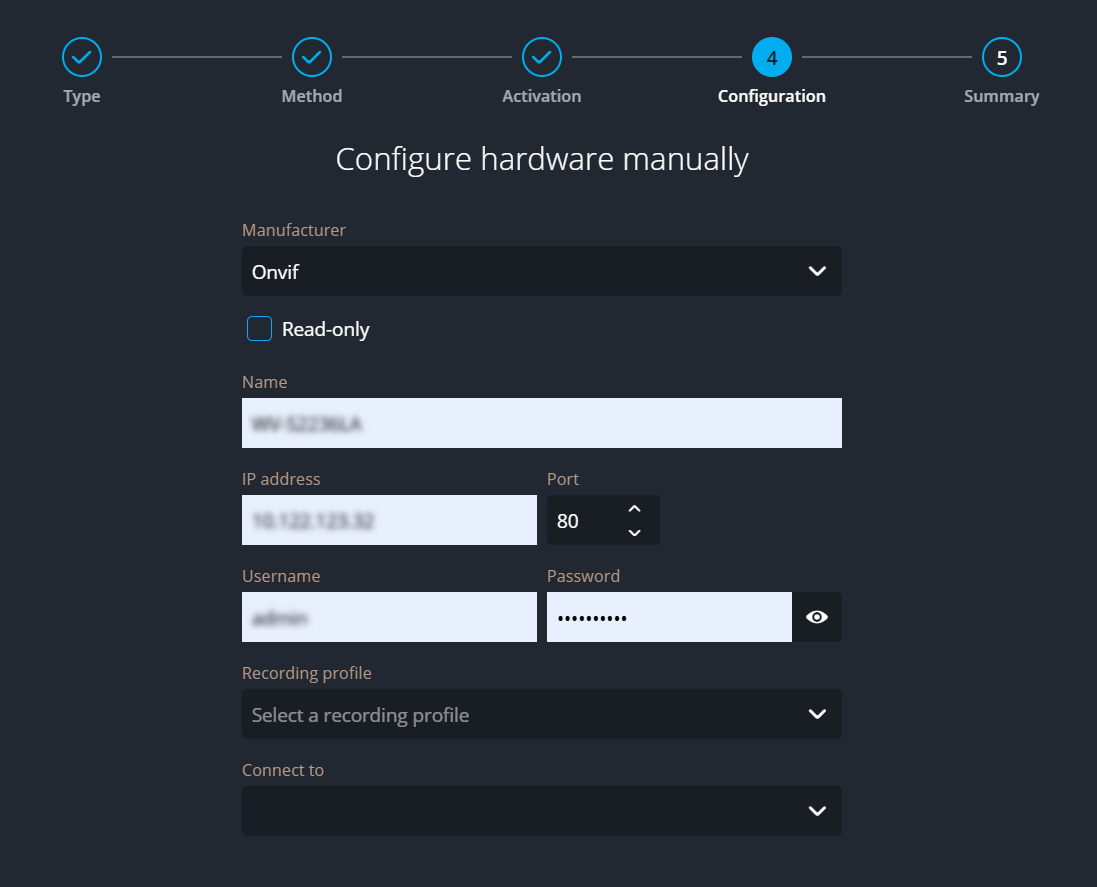 Manuelles Hinzufügen einer Kamera im Konfigurationsassistenten.