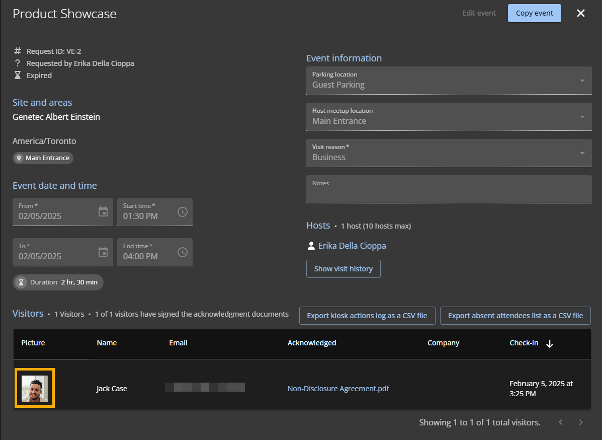 Ein Besuchsereignis in ClearID mit einem Besucherfoto.