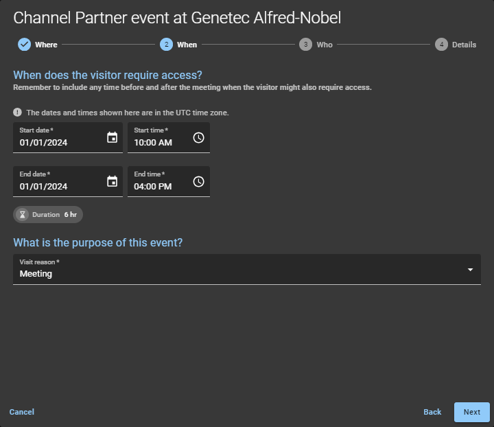 Der Assistent für Besuchsereignisse in ClearID, der anzeigt, wann der Besucher Zutritt benötigt, und den Zweck des Besuchs.