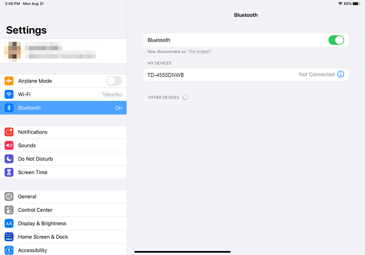 Apple iPad-Einstellungsseite mit ausgewählten Bluetooth-Einstellungen.