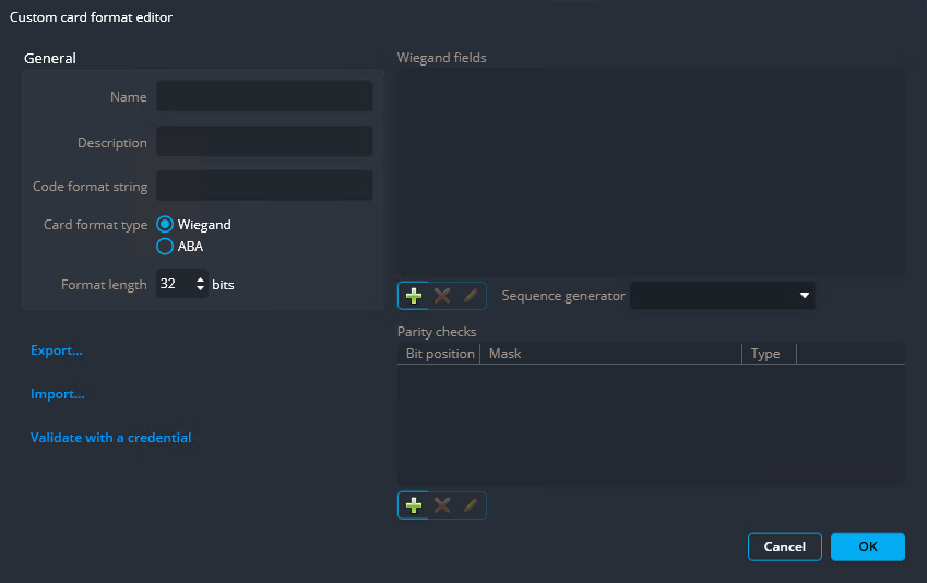 Das Dialogfeld „Editor für kundenspezifische Kartenformate“ in Config Tool, das die Standardeinstellungen für das kundenspezifische Kartenformat zeigt.