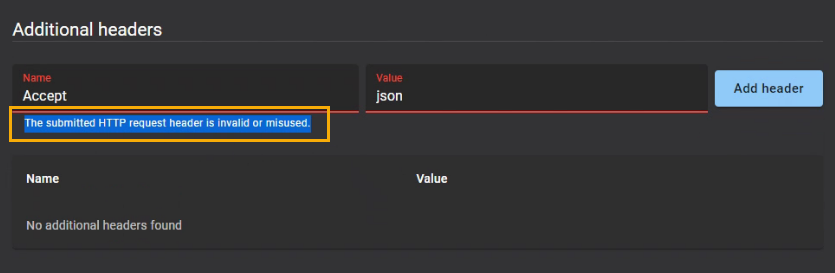 Abschnitt „Zusätzliche Header“ auf der Webhooks-Detailseite in ClearID mit hervorgehobener Meldung „Ungültiger Header“.