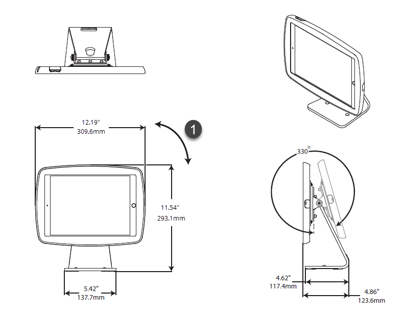 Diagramm des ClearID Self-Service-Kiosk-Tischständers mit Höhe und Abmessungen.