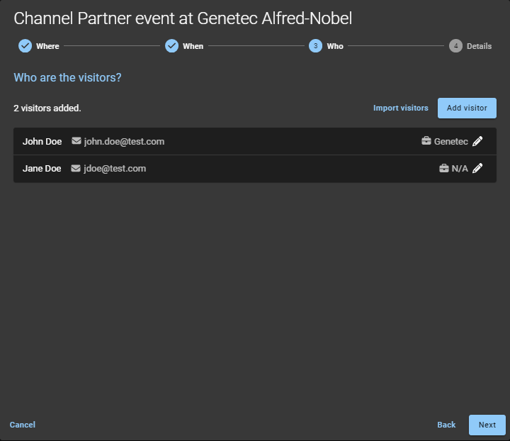 Besuchsereignisassistent in ClearID, der eine Liste der eingeladenen Besucher zeigt.
