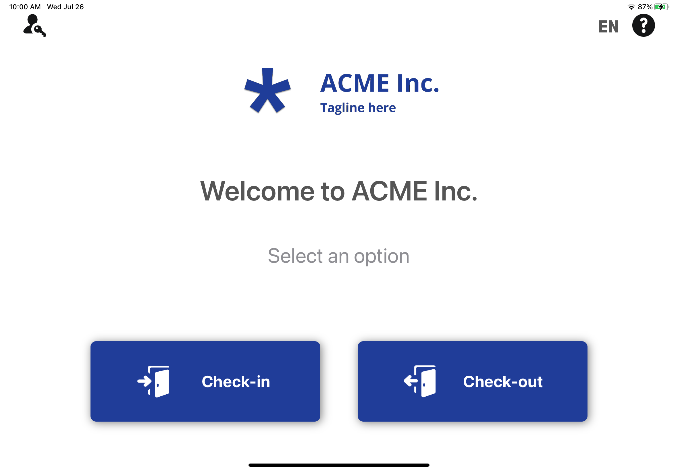 Beispiele für den Willkommensbildschirm im ClearID Self-Service-Kiosk, die die Anpassung des Kiosk-Themas mit blauer Akzentfarbe zeigen.