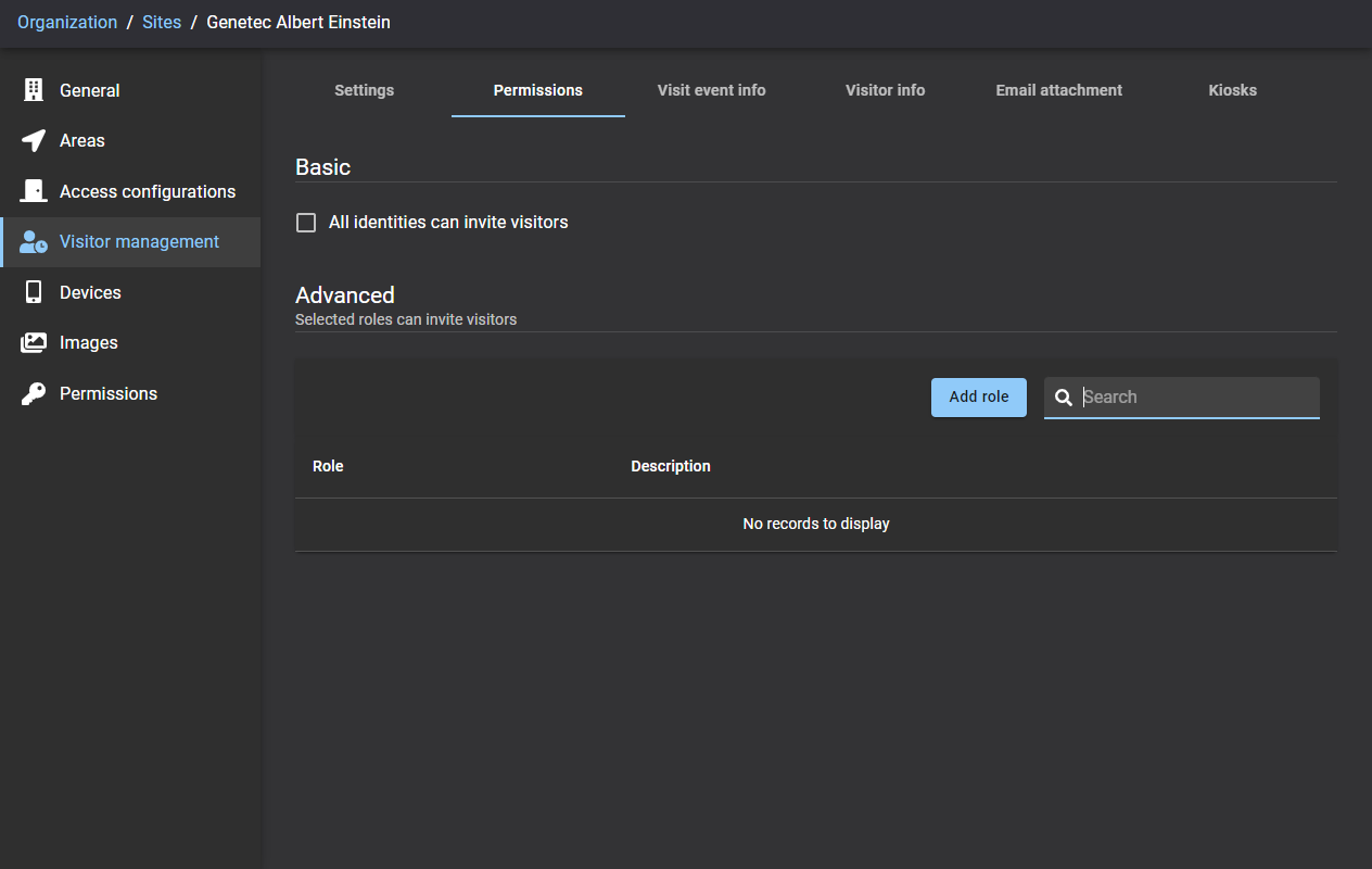 Seite „Besucherverwaltung für Standorte“ in ClearID mit der Registerkarte „Berechtigungen“ einschließlich grundlegender und erweiterter Einstellungen.