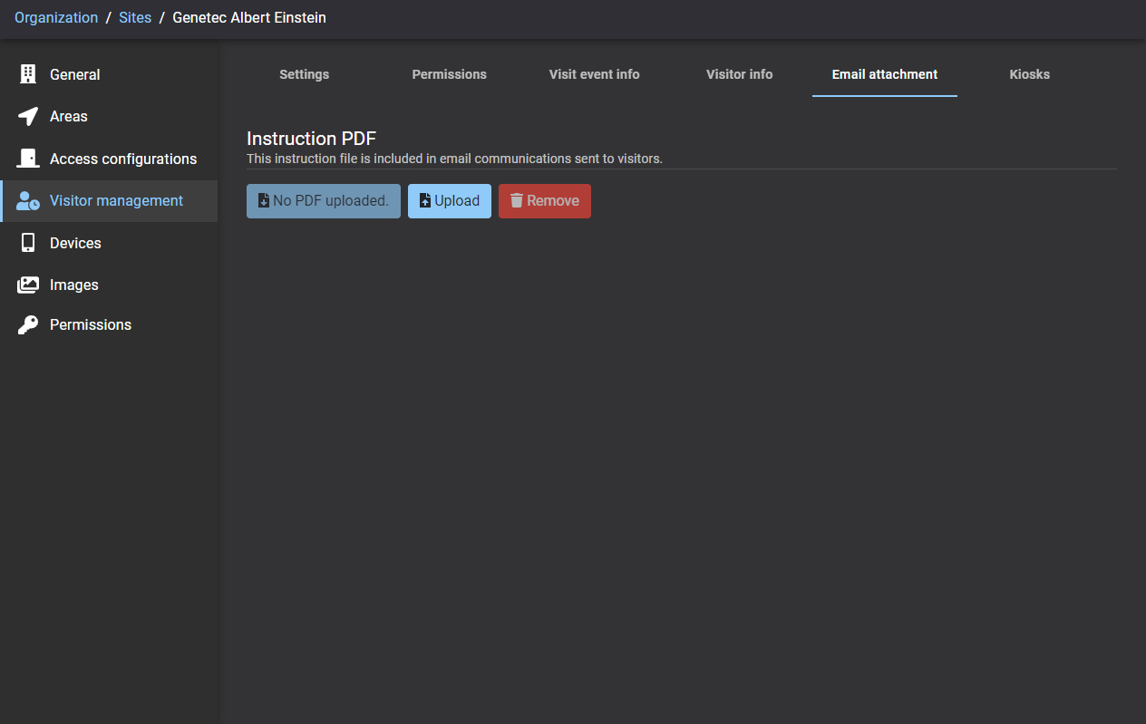 Seite „Besucherverwaltung für Standorte“ in ClearID mit der Registerkarte „E-Mail-Anhang“ einschließlich des Abschnitts „PDF-Anweisungen“.