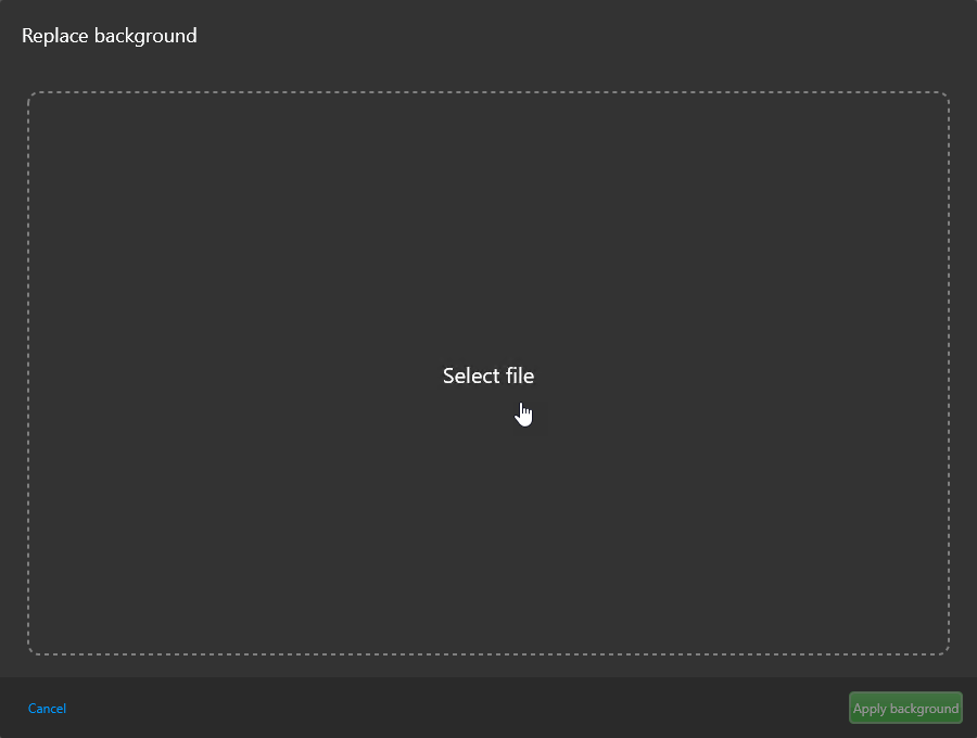 The Replace background window in the Map designer task, with a square dashed area to drag and drop the replacement image or click Select file.