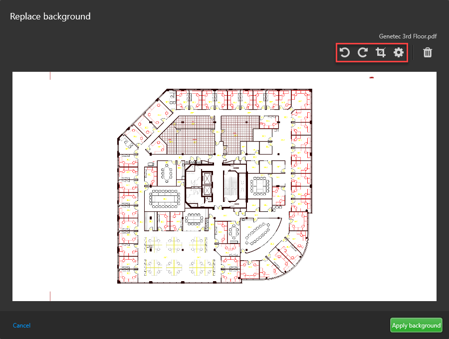 The Replace background window in the Map designer task after selecting a replacement image. The rotate left, rotate right, crop and advanced settings buttons in the top-right corner are called out in red.