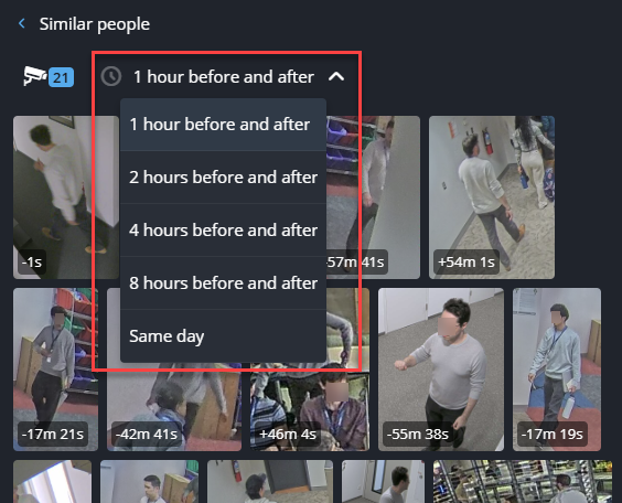 Similar people section of the Investigation task side pane showing the time picker options.