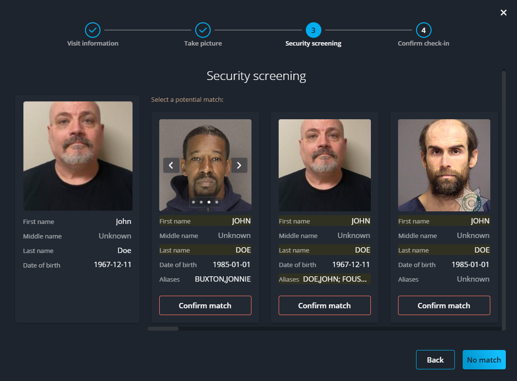 Walk-in visitor check-in dialog in Front Desk showing a screening match.