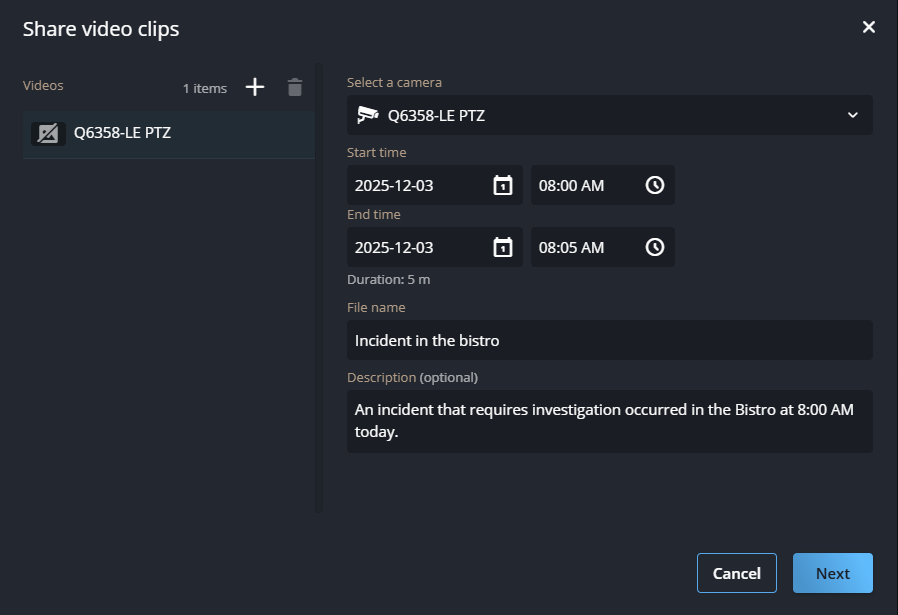 Share video clips dialog in Genetec Operation web showing a 5-minute video clip being prepared for sharing.