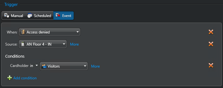 Automation trigger using a door event with an access point as source entity and a cardholder group as condition.