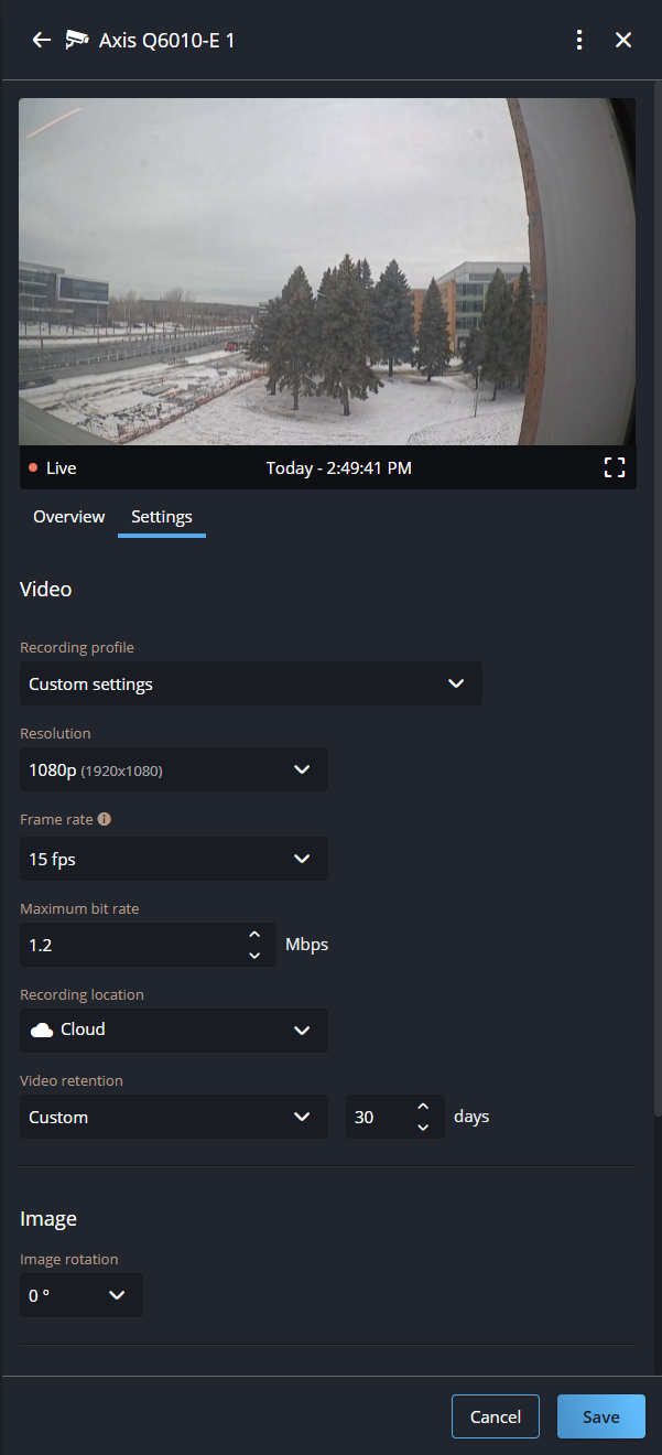 Camera settings tab in Security Center SaaS showing custom settings configuration.