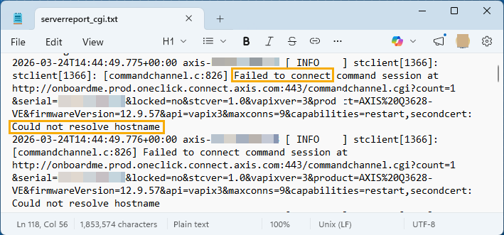 Axis server report showing a TCP test failed to connect because the hostname could not be resolved.
