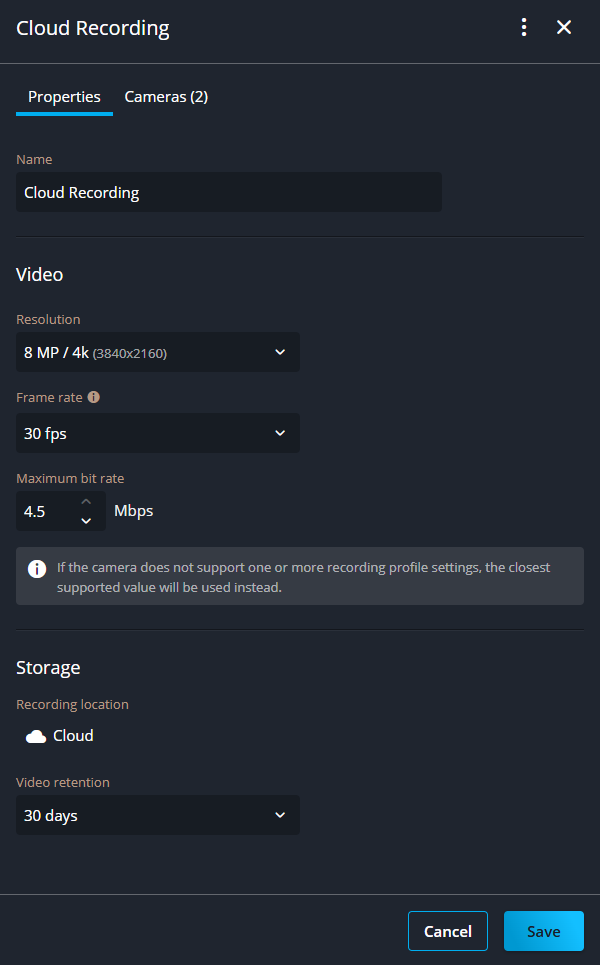 Properties tab in Genetec Configuration web sidebar showing modified recording profile settings.
