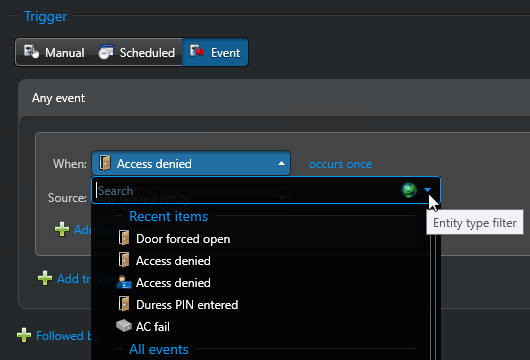 Automation trigger configuration showing where the event type filter is.