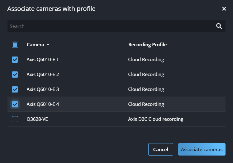 The Associate cameras with profile dialog in Genetec Configuration web showing selected sensors.