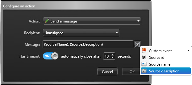 Automation response configuration with 'Send a message' action using special fields.