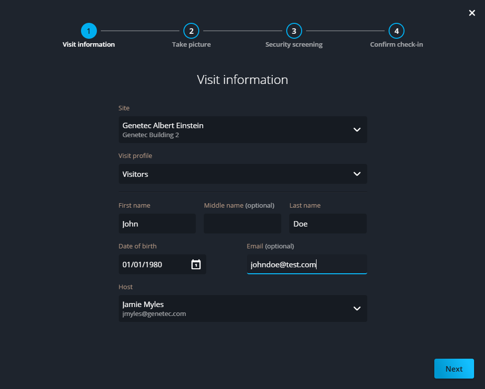 Walk-in visitor check-in dialog in Front Desk showing Visit information.