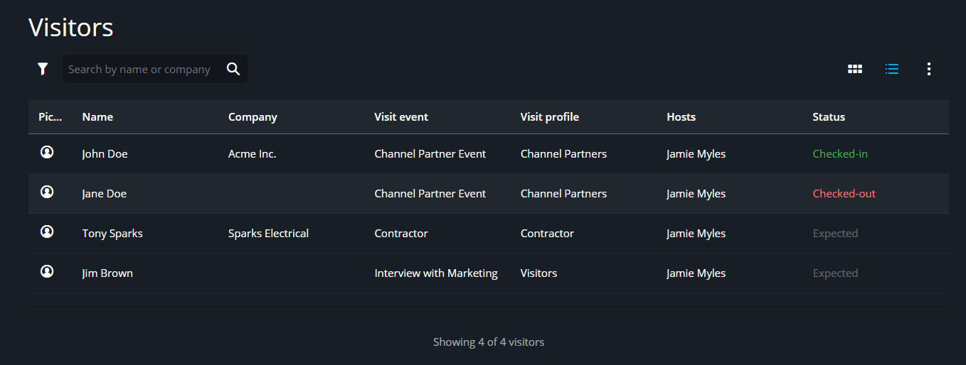The Visitors list in the Front desk task, showing visitor activities including the visitor status.