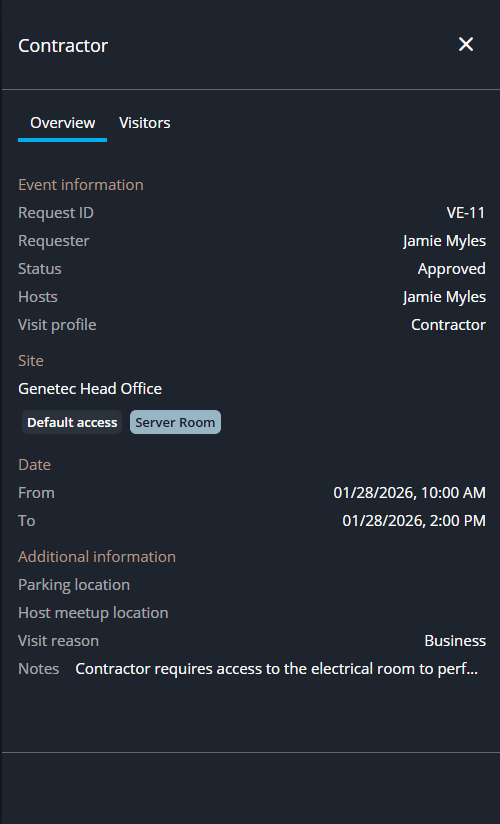 The visit event details pane in Front desk showing additional information in the visit Overview tab and Visitors tab.