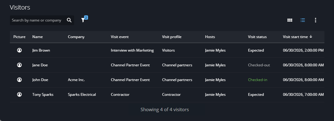 The Visitors list in the Front desk task, showing visitor activities including the visitor status.
