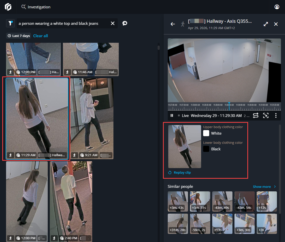 Investigation task in Genetec Operation showing a person of interest search with a video selected and side pane open showing more details.