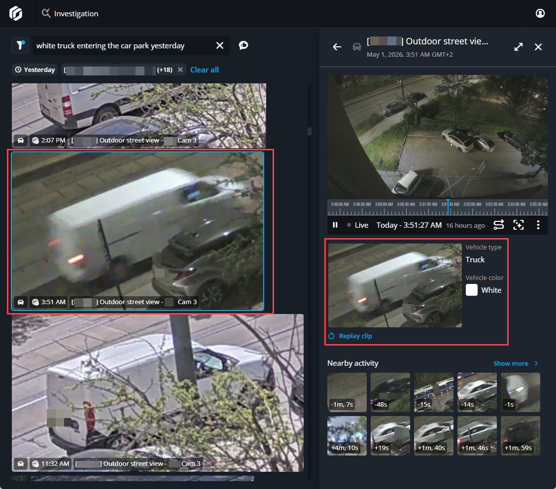 Investigation task in Genetec Operation showing a vehicle of interest search with a video selected and side pane open showing more details.