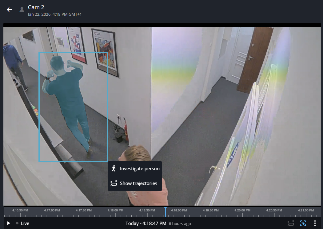 Intelligent search video player showing a person selected for investigation.