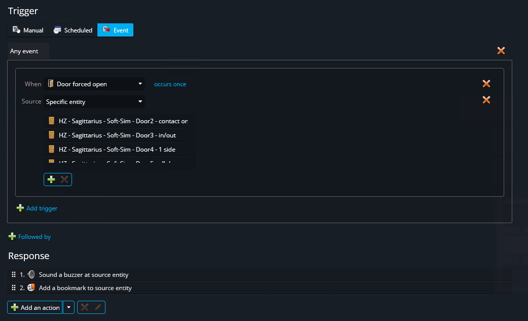 Automation based on "Door forced open" event triggering response on cameras.