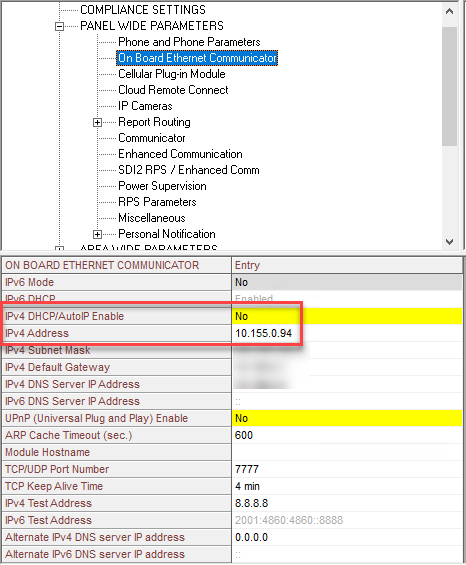 The on-board ethernet communicator setting in Bosch RPS, with the IPV4 DHCP/AutoIP Enable, IPv4 Address, and TCP/UDP Port Number fields highlighted.