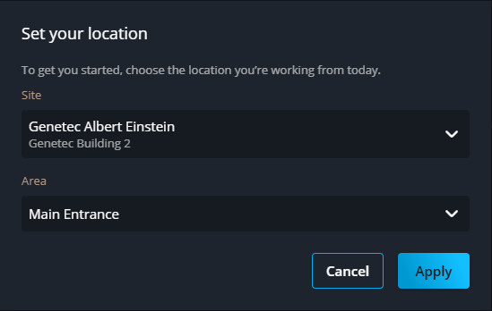 The Set your location dialog in Front desk, with a Site and Area selected.