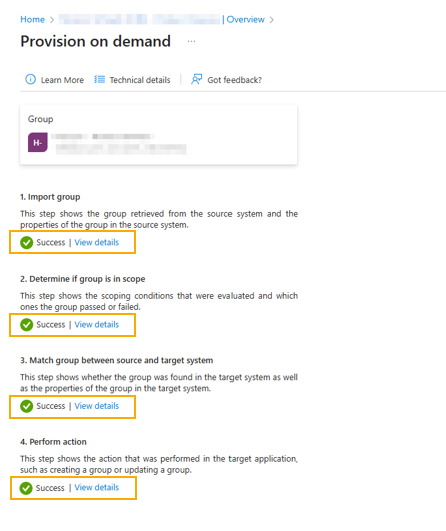Página de resultados de búsqueda de provisión bajo demanda de Microsoft Entra ID que muestra la importación, los grupos en el ámbito, la coincidencia de grupos y las acciones realizadas.