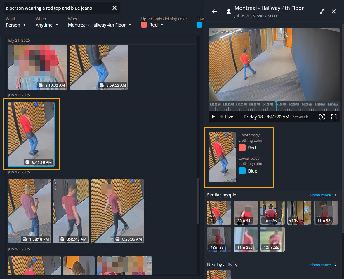 Tarea de investigación en Genetec Operation que muestra una búsqueda de persona de interés con un video seleccionado y el panel lateral abierto que muestra más detalles.