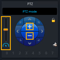 Widget de PTZ en el escritorio de Genetec Operation que muestra los controles de zoom rápido y el control deslizante de velocidad de PTZ.