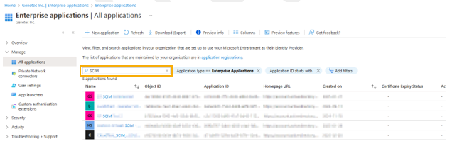 Página de la aplicación empresarial de Microsoft Entra ID que muestra una lista de aplicaciones empresariales.