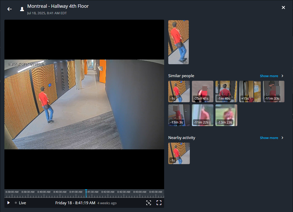 Intelligent search desde un mosaico de video en Genetec Operation que muestra una búsqueda de persona de interés, incluidas personas similares y resultados de actividades cercanas en el panel lateral.