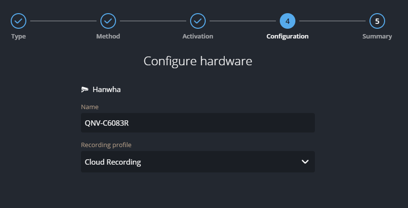 Introduzca el nombre de la cámara y seleccione un perfil de grabación.