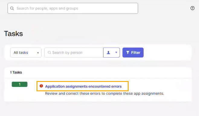 Lista de tareas de la aplicación Okta que muestra una asignación de aplicación que presentó un error.