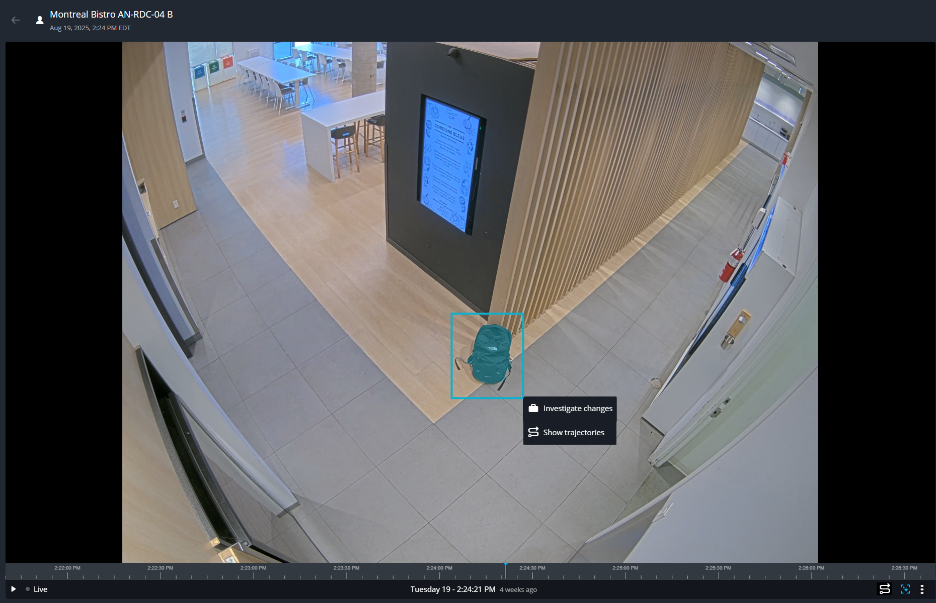 Reproductor de videos de intelligent search que muestra un objeto seleccionado para la investigación.