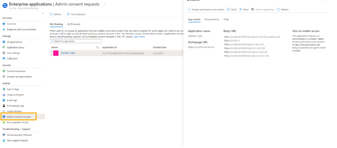 Página de solicitudes de consentimiento del administrador en una aplicación empresarial de Microsoft Entra ID que muestra la configuración de consentimiento del administrador.