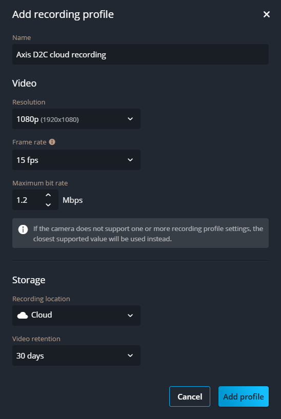 Cuadro de diálogo Agregar perfil de grabación en Genetec Configuration web que muestra los campos y ajustes del perfil de grabación.