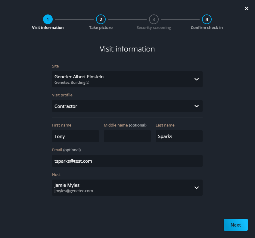 Cuadro de diálogo de registro de visitantes sin cita previa en la recepción que muestra información de la visita.